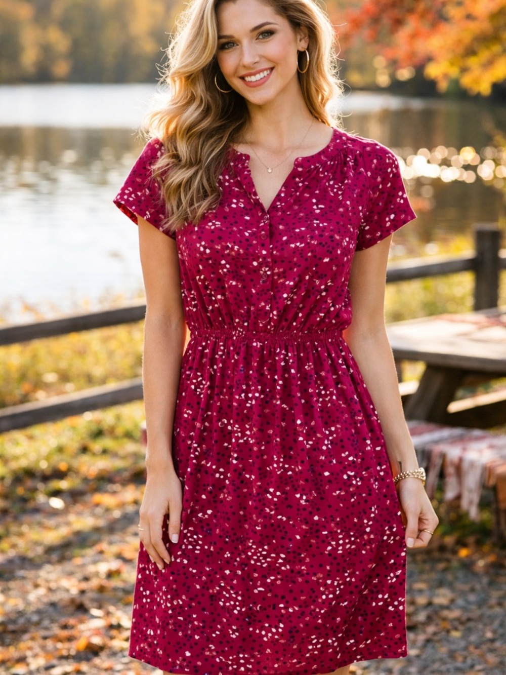 Gap Red Print Elastic Waist Casual Knee Length Dress Medium‎
